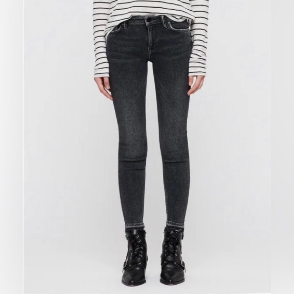 AllSaints Skinny Jeans W28 Raw Hem | Washed Black Stretch Mid Rise Ankle Denim